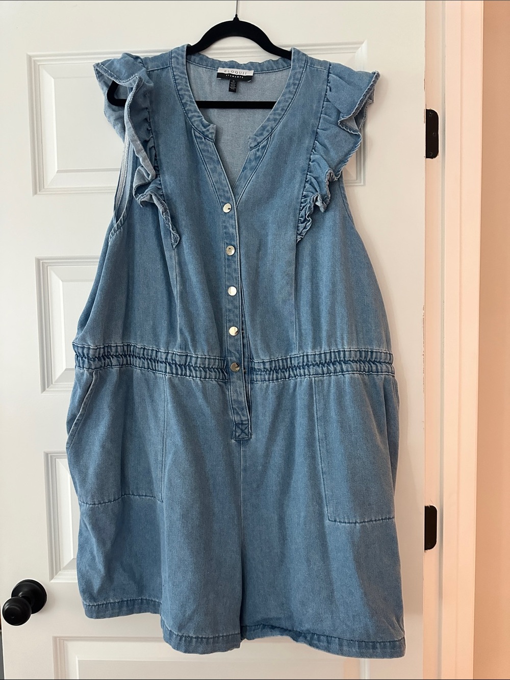 Eloquii Denim Ruffle-Sleeve Romper